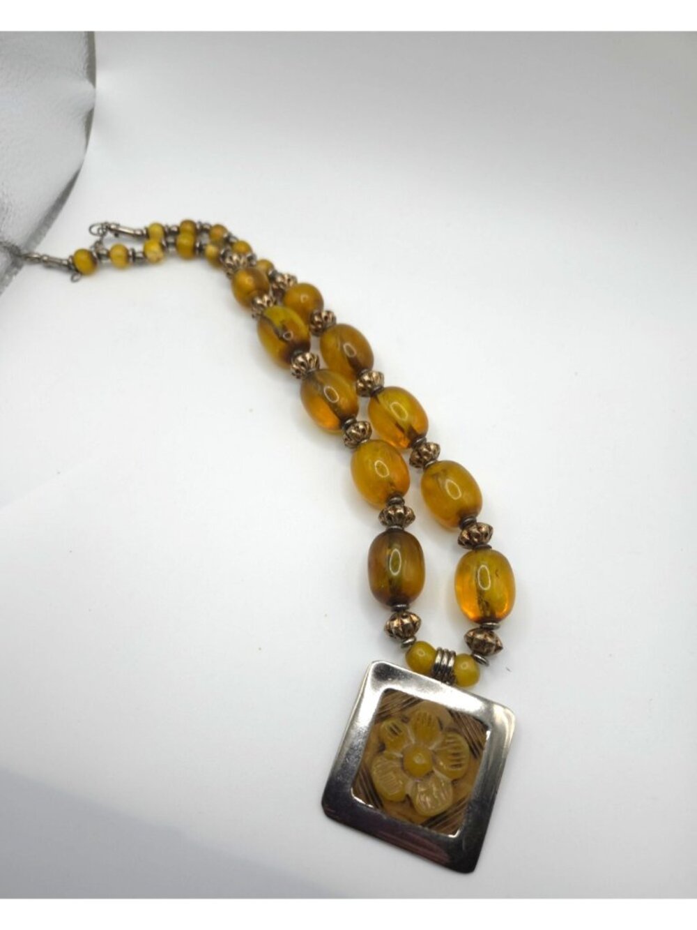Antique Butterscotch Amber Color Bead Necklace Carved Flower Pendant UV Reactive
